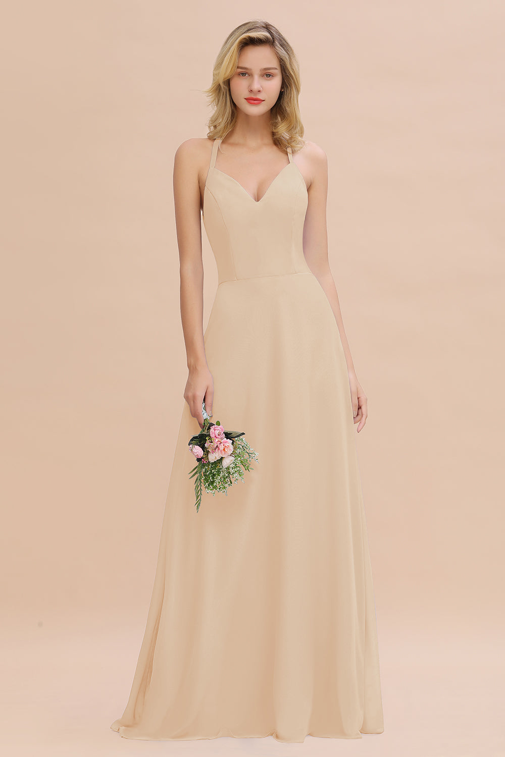 Stylish A-line Chiffon Spaghetti Straps Sleeveless Long Bridesmaid Dre ...