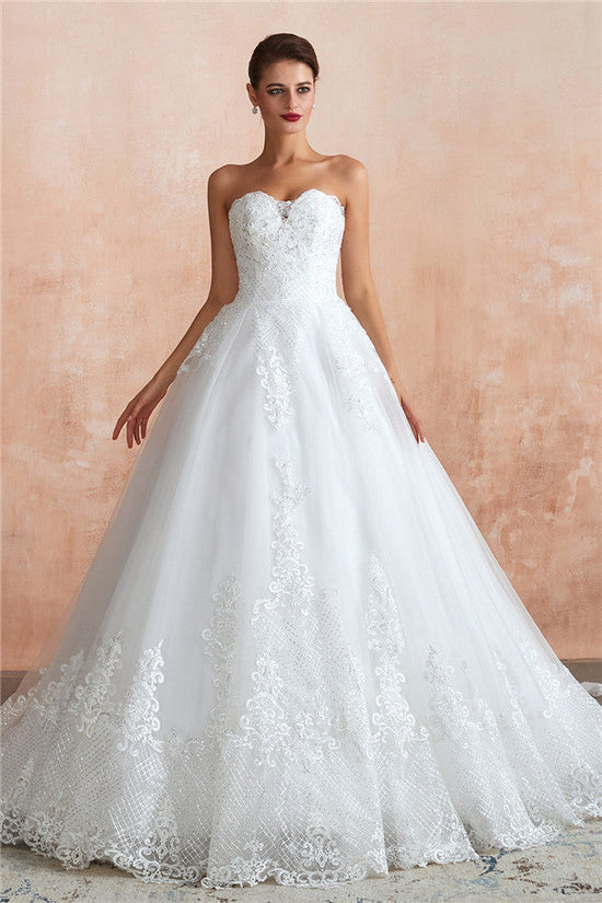 Stylish Long A-line Strapless Appliques Tulle Wedding Dress-BIZTUNNEL