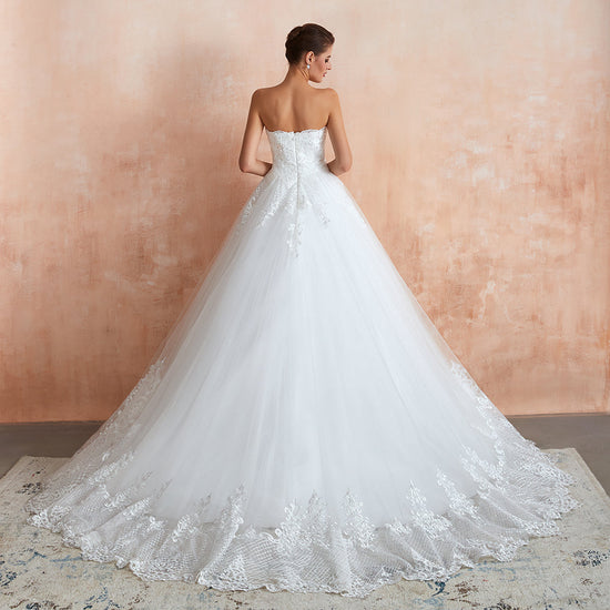 Stylish Long A-line Strapless Appliques Tulle Wedding Dress-BIZTUNNEL