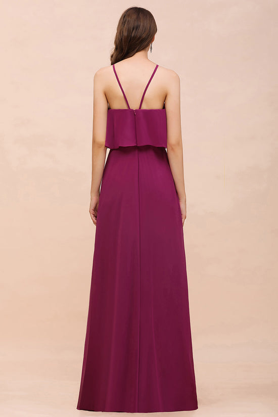 Stylish Mulberry A-line Chiffon Halter Long Bridesmaid Dress with Pockets-BIZTUNNEL