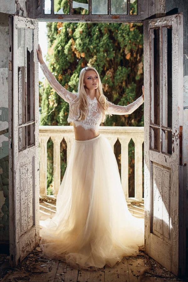 Elegant Lace Chiffon Two Piece Wedding Dress- Boho Wedding Dress |  Cocosbride