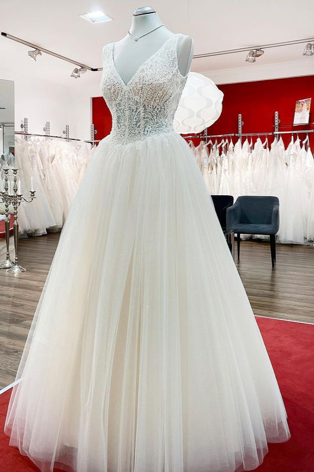 Unique Ivory Long Princess V-neck Tulle Lace Wedding Dress-BIZTUNNEL