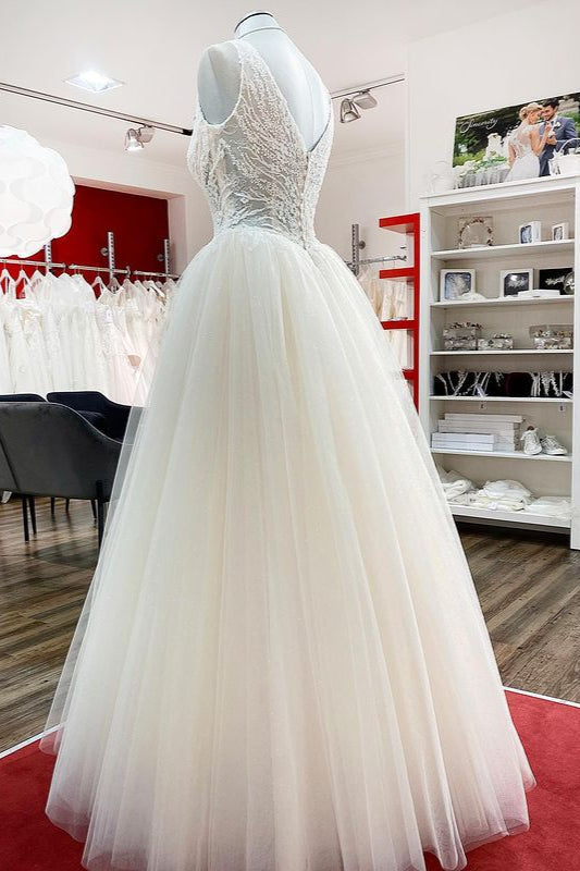 Unique Ivory Long Princess V-neck Tulle Lace Wedding Dress-BIZTUNNEL