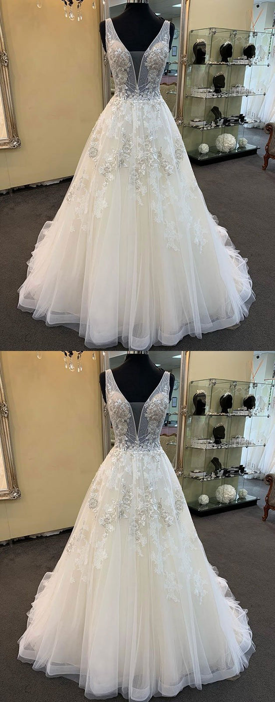 Unique Long A-line Tulle V Neck Beaded Lace Wedding Dress-BIZTUNNEL