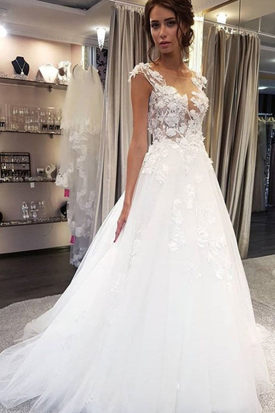 White Long A-line Tulle Lace Appiliques Wedding Dresses-BIZTUNNEL