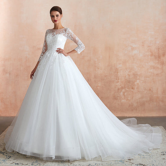 Wonderful Long A-line Appliques Tulle Wedding Dress with Sleeves-BIZTUNNEL