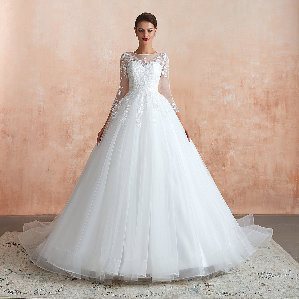 Wonderful Long A-line Appliques Tulle Wedding Dress with Sleeves-BIZTUNNEL