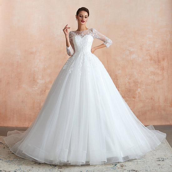 Wonderful Long A-line Appliques Tulle Wedding Dress with Sleeves-BIZTUNNEL