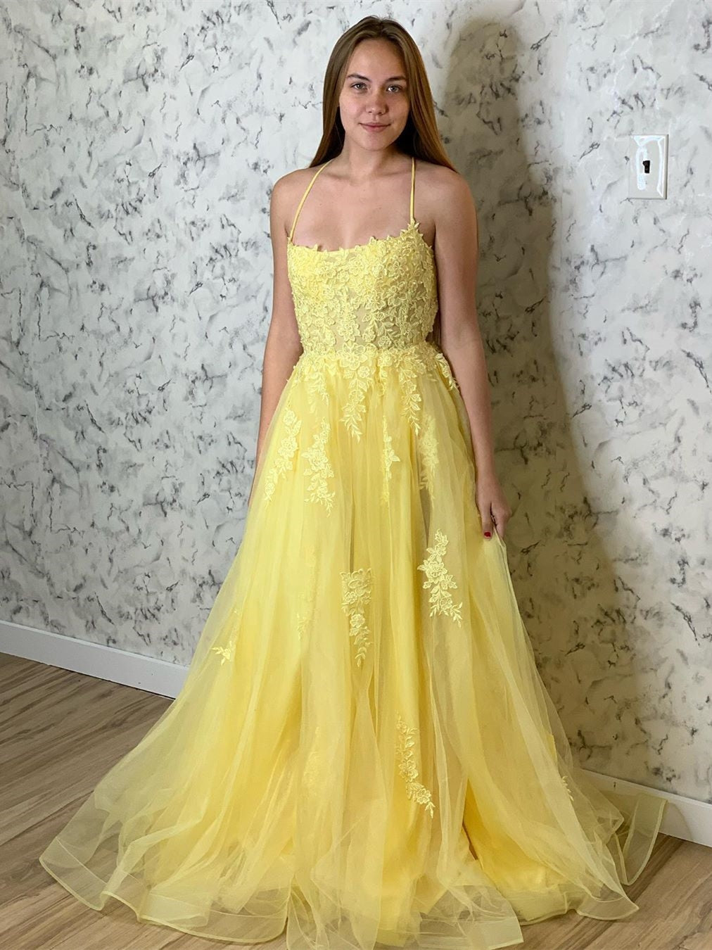 Yellow Long A-line Tulle Lace Open Back Formal Prom Dresses-BIZTUNNEL