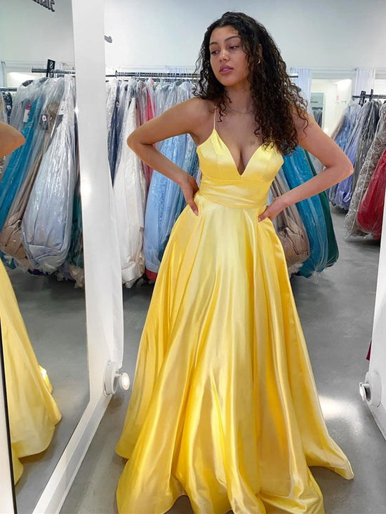 Yellow Long A Line V Neck Satin Formal Graduation Prom Dresses-BIZTUNNEL